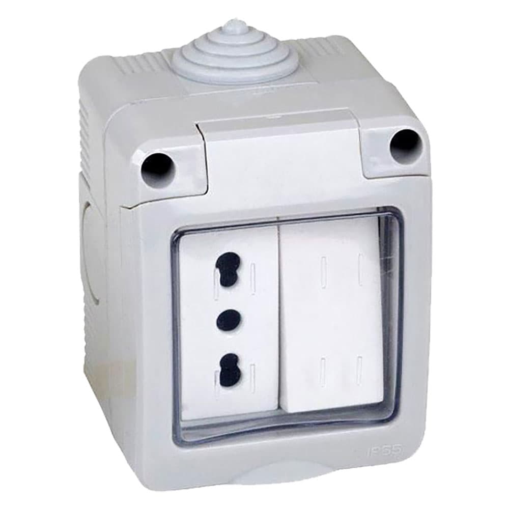 CONTENITORE ESTERNO INTERRUTTORE + PRESA 1 deviatore + presa bivalente 10/16A
