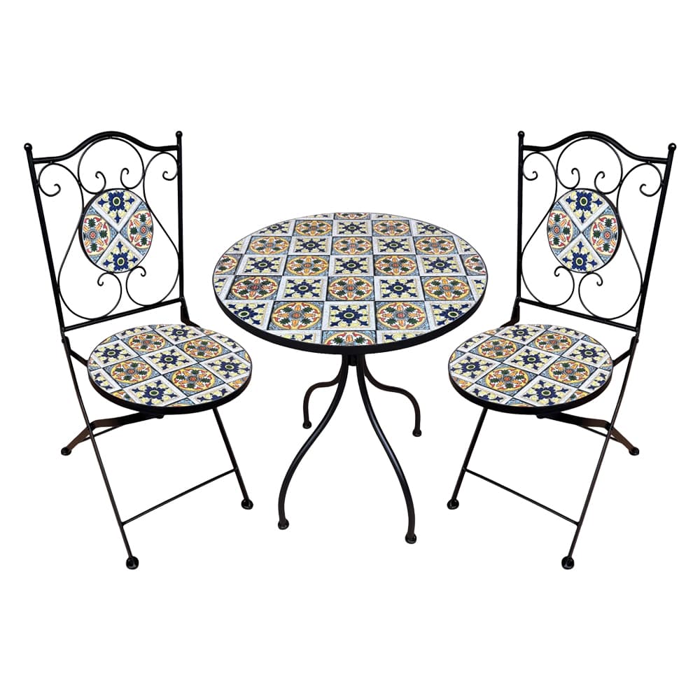 SET TAVOLO MOSAICO DA ESTERNO 'FIOCCO' Ø cm 60 x h.75 (tavolo) - cm 38 x 46-92 (sedie)