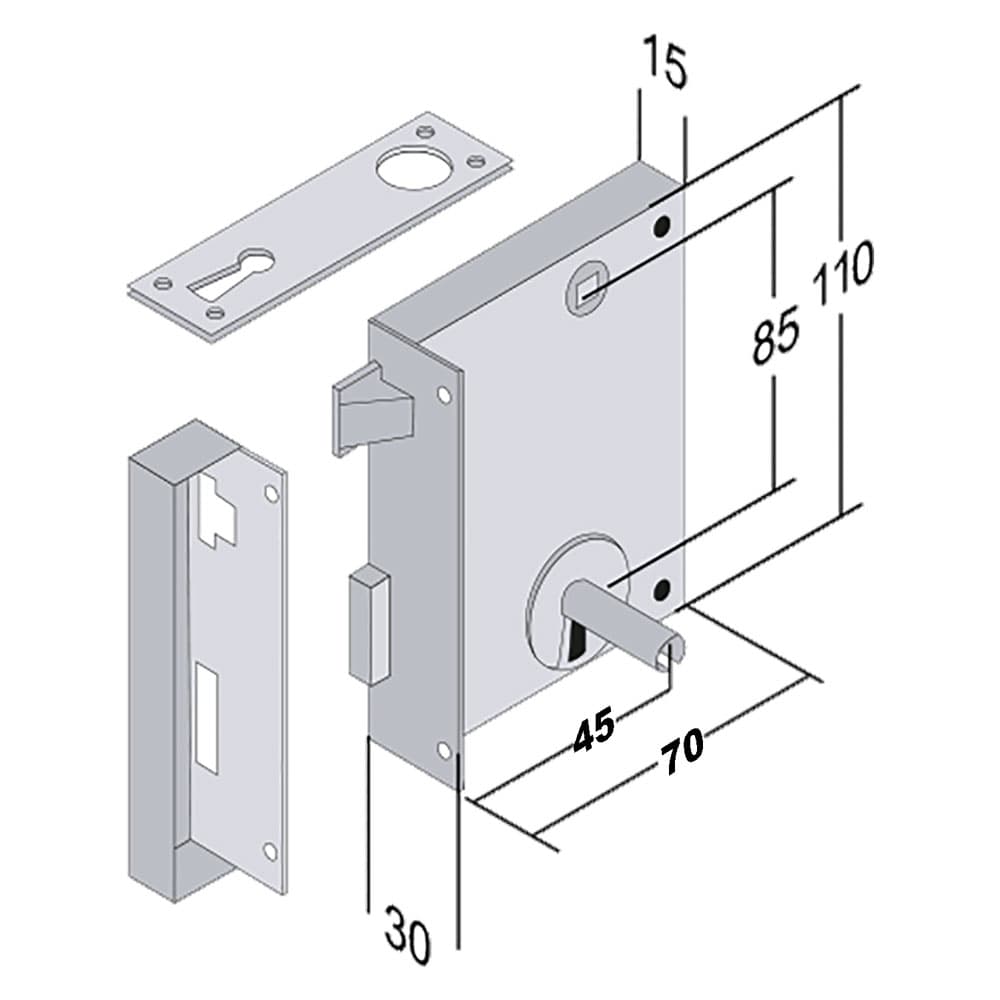 SERRATURA VERTICALE DA APPLICARE ART. 185 E 45 - lunghezza mm 70 Dx (2 PZ)
