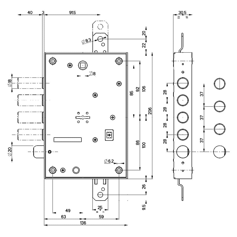 SERRATURA DA APPLICARE TRIPLICE PER PORTE BLINDATE ART. 52.571 Dx E 63 - mm 206 x 136