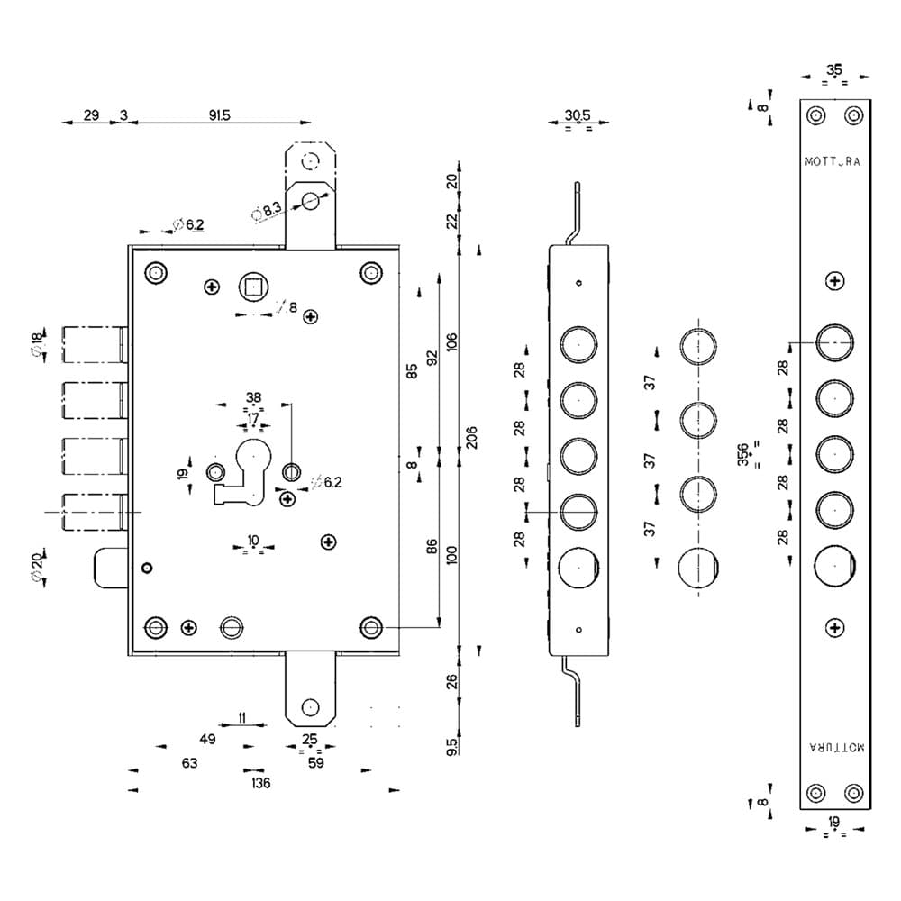 SERRATURA DA APPLICARE TRIPLICE PER PORTE BLINDATE ART. 85.571 Sx E 63 - mm 206 x 136