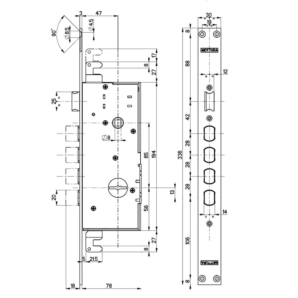 SERRATURA DA INFILARE TRIPLICE PER PORTE BLINDATE ART. 72.140 E 47 - scatola mm 194 x 78