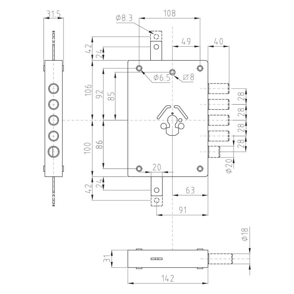 SERRATURA TRIPLICE DA APPLICARE ART. 42 art.42 - Sx E 60 mm 142 x 206
