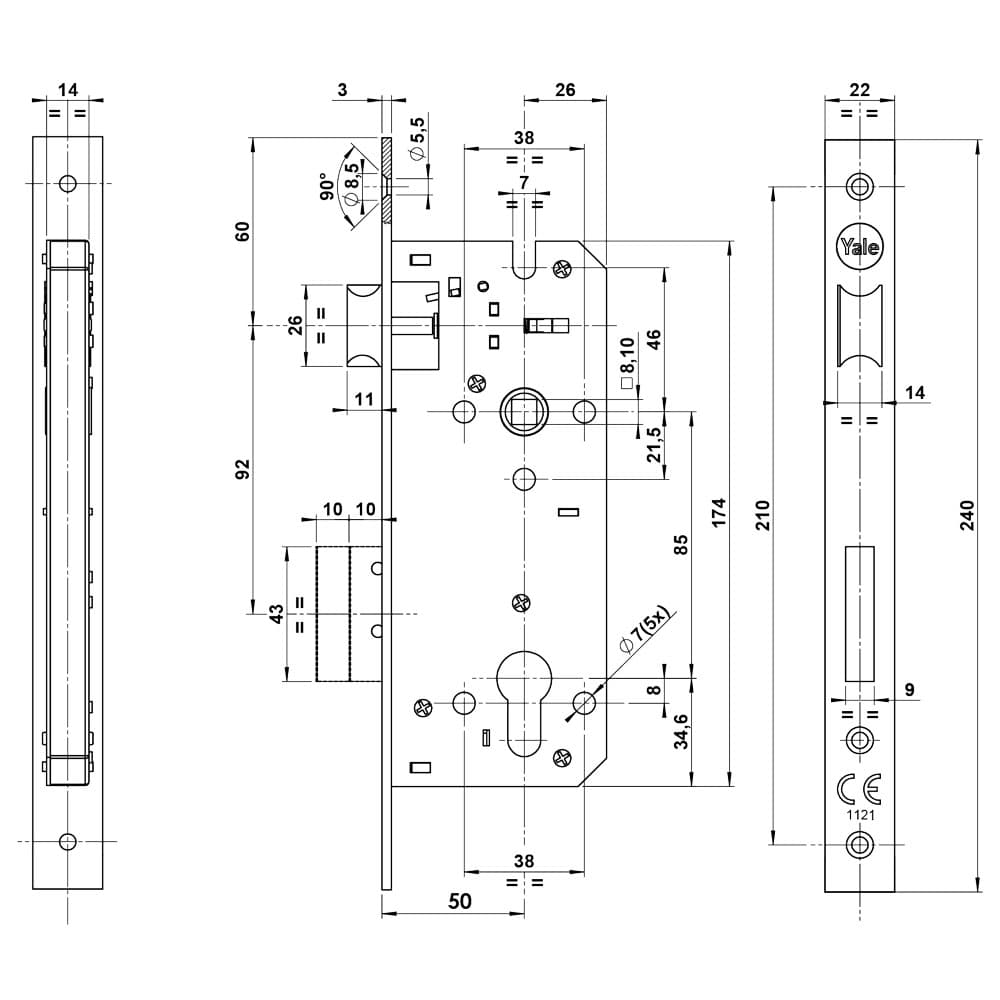 SERRATURA DA INFILARE PER PORTA LEGNO ART. Y52X E50 b.quadro -controp.ottone lucido