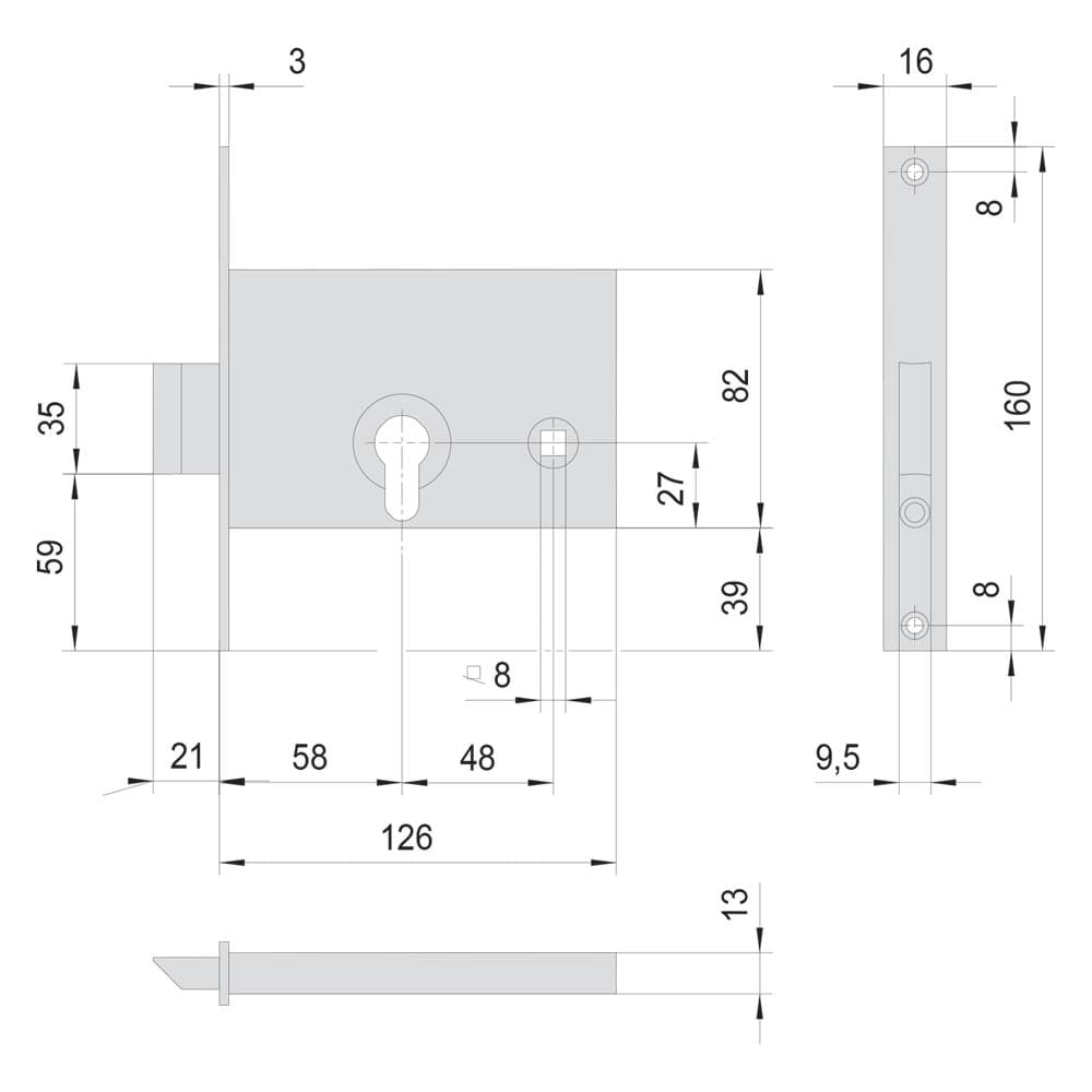 SERRATURA DA INFILARE PER ALLUMINIO ART. 44145 E58 front.mm 16 / inter.mm 48