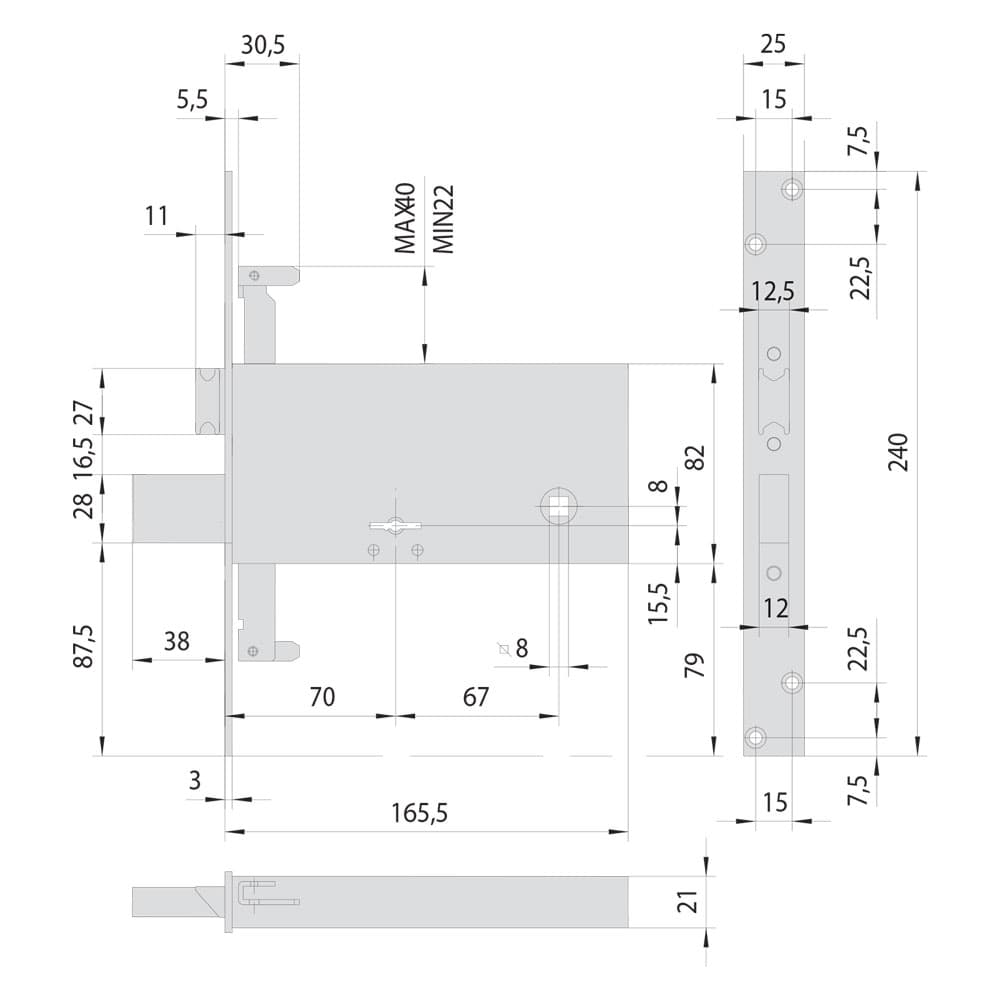 SERRATURA A DOPPIA MAPPA DA INFILARE PER FASCIA PER FERRO ART. 57318 E 70