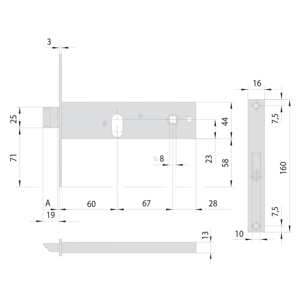 SERRATURA DA INFILARE STRETTA PER FASCIA PER ALLUMINIO ART. 44150/44151 44150 E60 fr.mm 16/int.mm 67