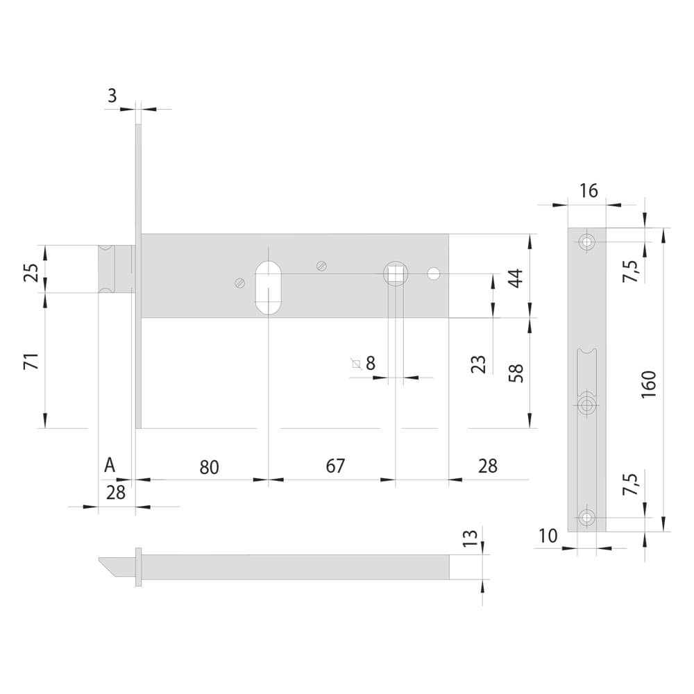 SERRATURA DA INFILARE STRETTA PER FASCIA PER ALLUMINIO ART. 44150/44151 44150 E80 fr.mm 16/int.mm 67