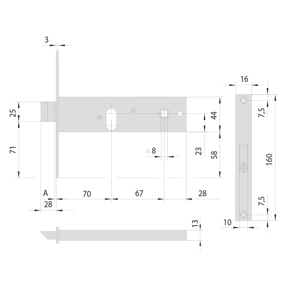 SERRATURA DA INFILARE STRETTA PER FASCIA PER ALLUMINIO ART. 44150/44151 44151 E70 fr.mm 20/int.mm 67