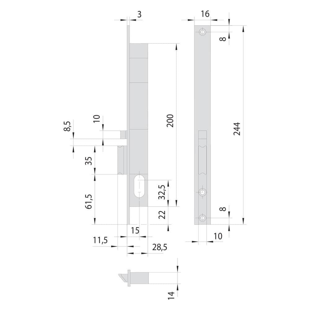 SERRATURA ELETTRICA DA INFILARE PER MONTANTI ALLUMINIO ART. 14020 - 14021 E15 DX -front.mm 16 scrocco autobl.