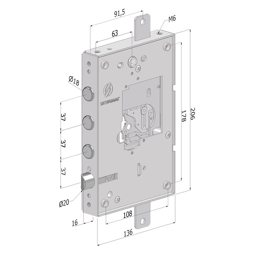 SERRATURA DA APPLICARE TRIPLICE PER PORTE BLINDATE SENZA NUCLEO '250' interasse pistoni 28 mm - DX