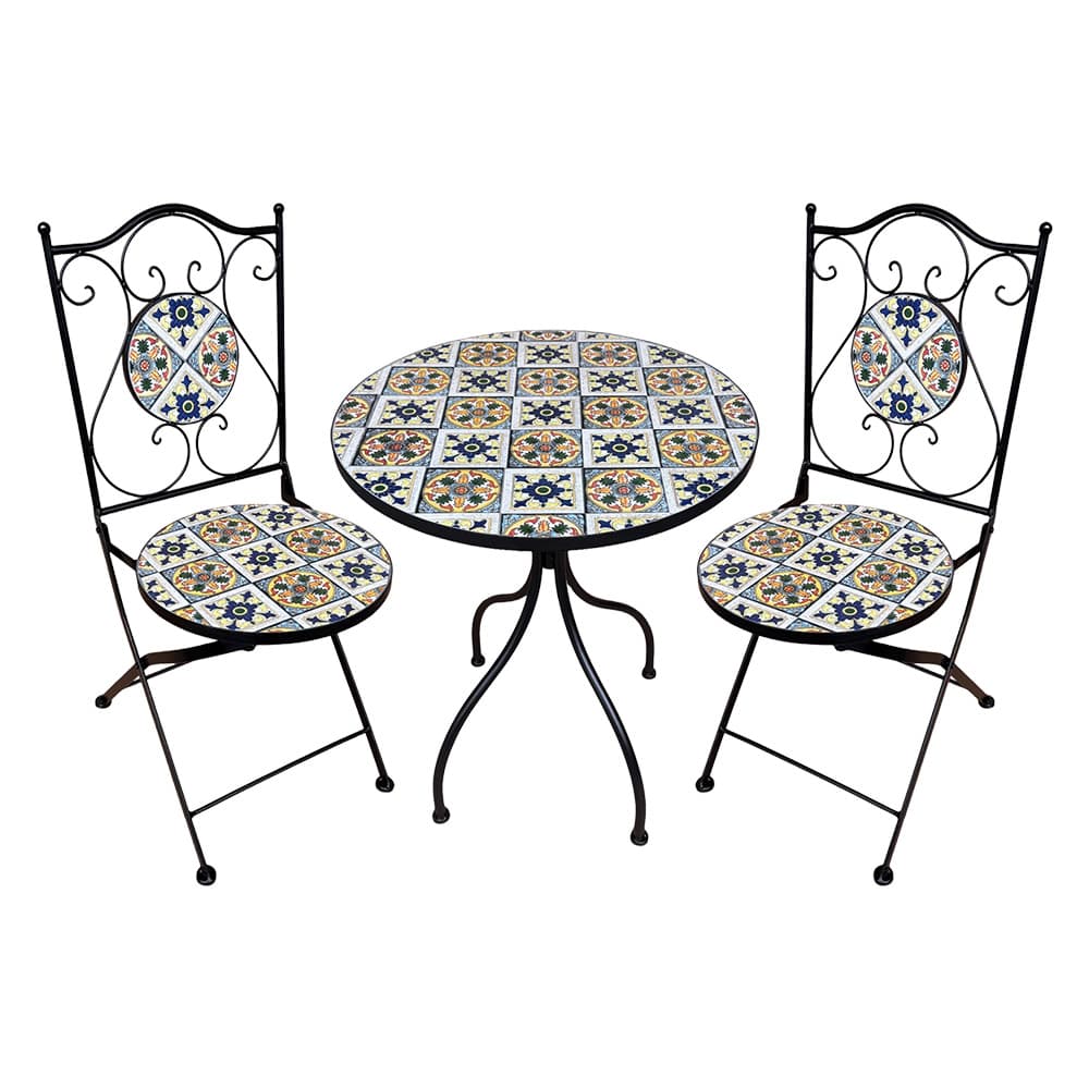 SET TAVOLO MOSAICO DA ESTERNO 'FIOCCO' Ø cm 60 x h.75 (tavolo) - cm 38 x 46-92 (sedie)