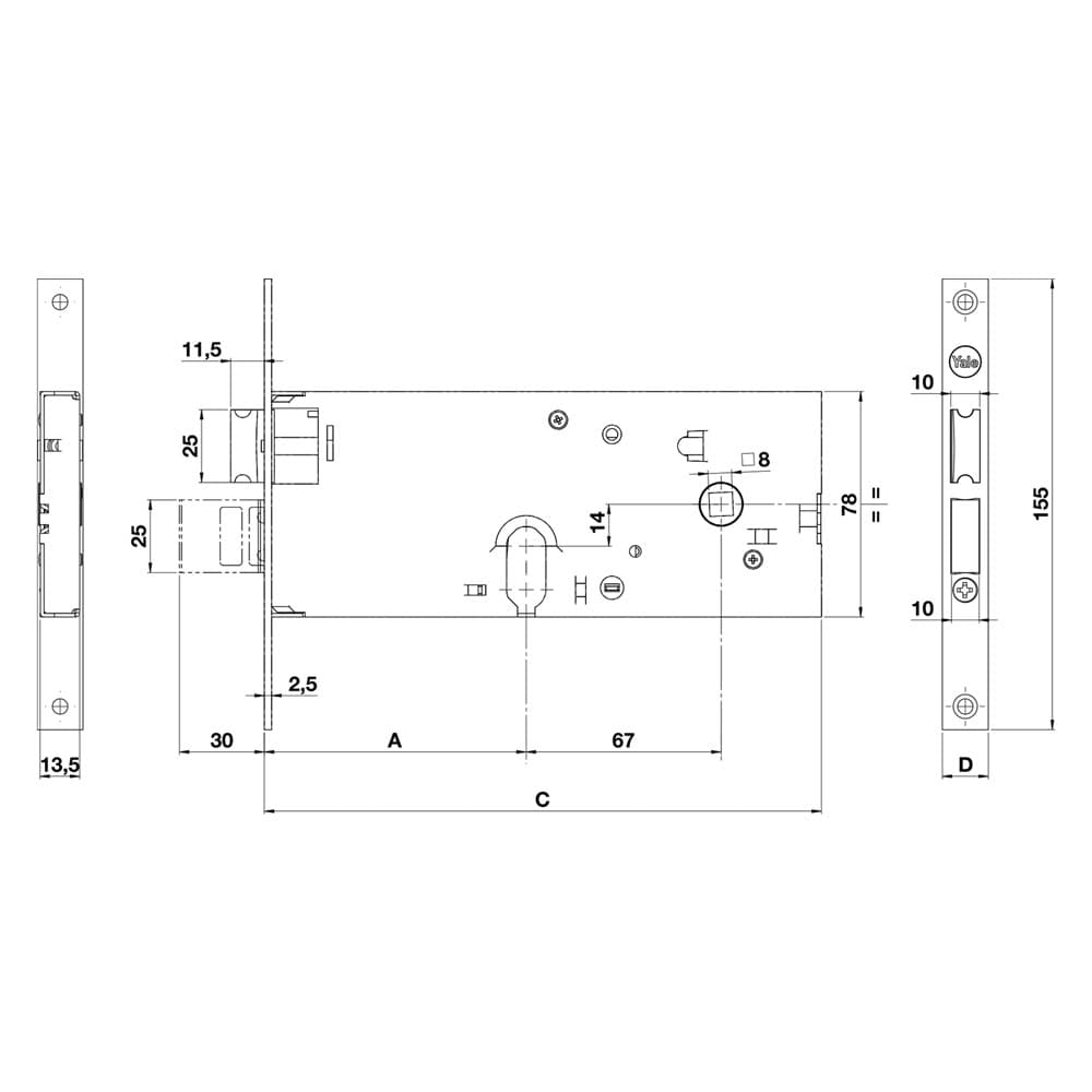 SERRATURA MECCANICA DA FASCIA 865 E80-3 mand.fr.22/int.67 mm.
