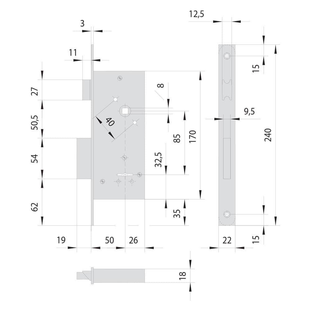 SERRATURA A DOPPIA MAPPA DA INFILARE PER FASCIA PER LEGNO ART. 57211 E 50