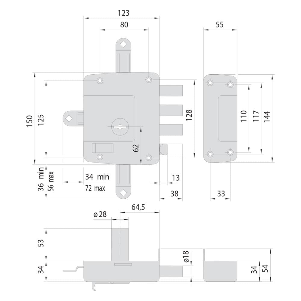 SERRATURA DA APPLICARE TRIPLICE PER LEGNO ART. 571 E 60 Dx