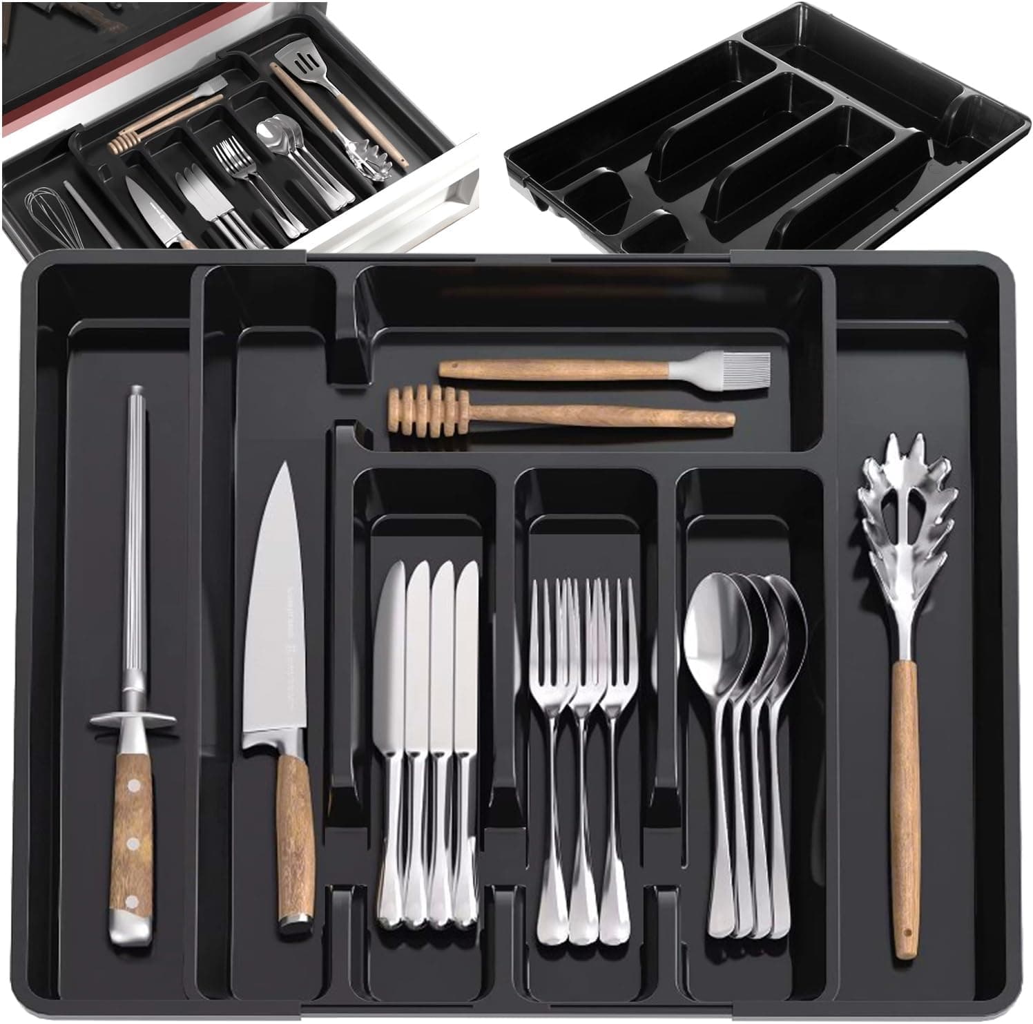 Vassoio Organizer Portaposate Da Cassetto Espandibile Regolabile Nero 36,5x28cm (Nero)