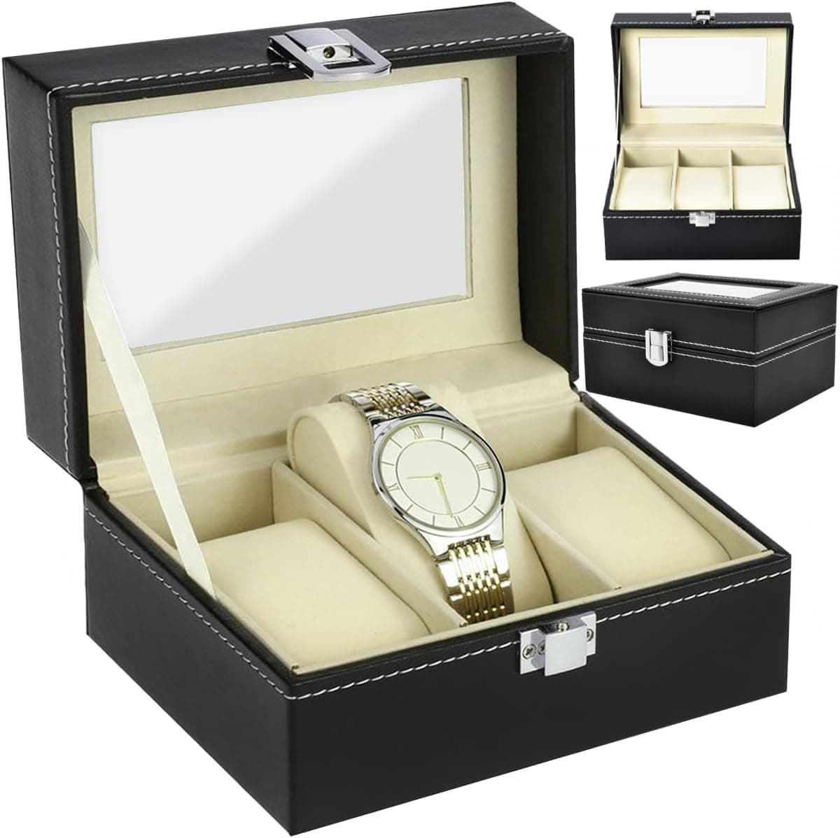 Scatola Porta Orologi Organizer Box 3 Scomparti Box Cofanetto Eco Pelle Nera